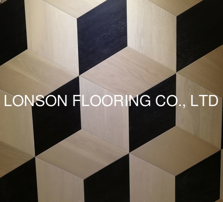 quality oak parquet tiles, artistic parquets, black & white stained, 3D showing factory