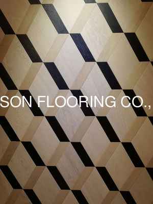 quality oak parquet tiles, artistic parquets, black & white stained, 3D showing factory