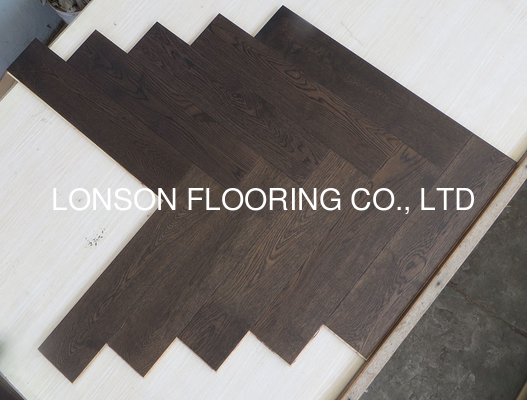 Quality dark stained White Oak herringbone/fishbone engineered wood flooring factory