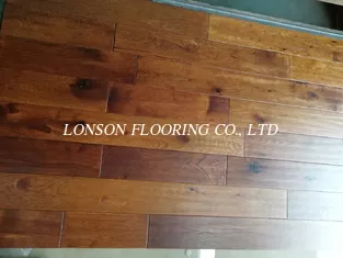 Toffee stained American Hickory Solid Hardwood Floorings, brushed and distressed finishing