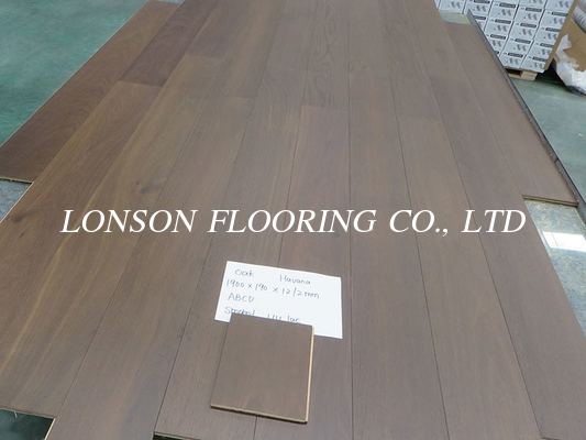 1900x90x12mm, 2mm top veneer, Dark Brown Oak Multi Ply Engineered Hardwood Flooring, Smoked, Brushed, UV lac Havana