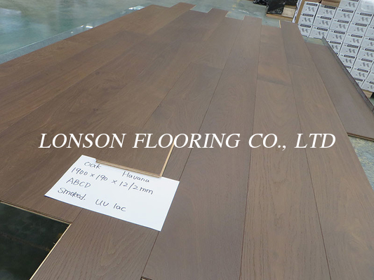 1900x90x12mm, 2mm top veneer, Dark Brown Oak Multi Ply Engineered Hardwood Flooring, Smoked, Brushed, UV lac Havana